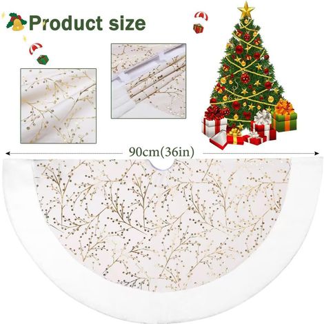 Jupon de sapin de Noël, 36 pouces, fausse fourrure blanche et dorée, tapis épais en velours pour base d’arbre, décoration festive maison et fête. (1/4)