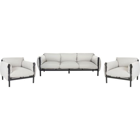 Sofá 3 plazas con 2 sillones de metal gris claro negro cojines de tela Esperia (1/5)