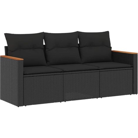 Salon de jardin 3 pcs avec coussins noir résine tressée (1/3)