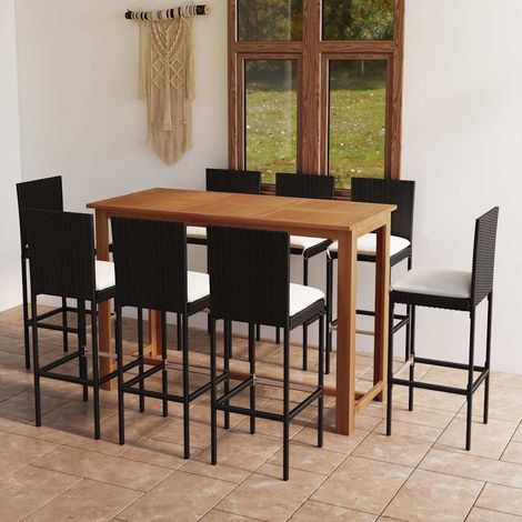 Ensemble Table de bar + 8 Chaises de bar de jardin avec coussins - Table Haute avec 8 Tabourets Noir BV766056 - BonneVie (1/5)