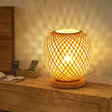 Bamboo Braided Lantern Table Lamp, Country Style Bedside Lamp, Decorative Night Light, Woven Bamboo Lampshade for Bedroom (1/5)