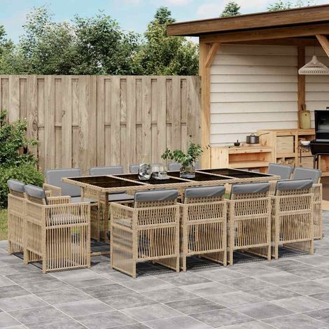 Ensemble repas de jardin 13 pièces en poly rotin, 12 chaises, coussins, beige, noir et gris clair - PANGIVO (1/5)
