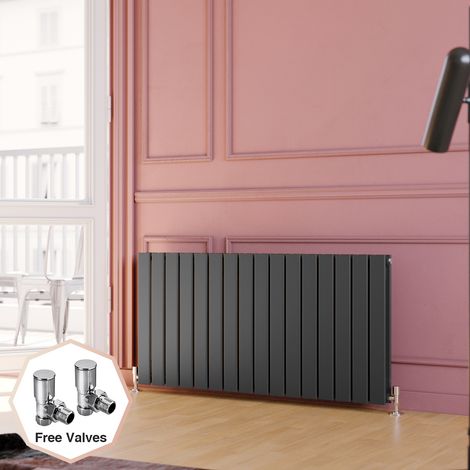 ELEGANT Anthracite Designer Radiator 600 x 1216 mm Horizontal Double Flat Panel with Valves