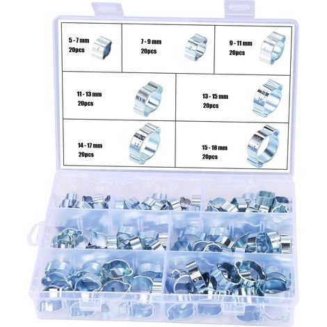 140pcs Collier de serrage, Acier inoxydable 304, 7 tailles, Pince de sertissage, Pour tuyaux automobile (1/5)