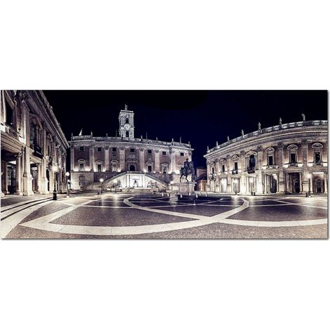 Lupia - Quadro moderno su Tela Canvas DEEP 65X143 cm, con paesaggi e localismi italiani, per casa, soggiorno, capezzale camera da letto, hotel, ufficio, ROMA - PIAZZA DEL CAMPIDOGLIO NIGHT (1/4)