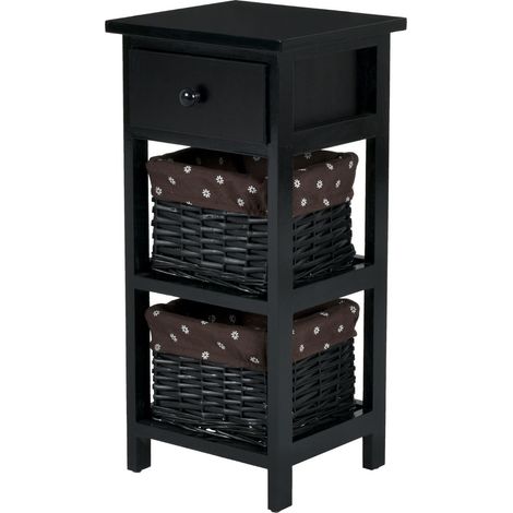 Comodino con cassetto e 2 cestini estraibili 28 x 26 x 60 cm design moderno in legno di paulonia nero 200013961