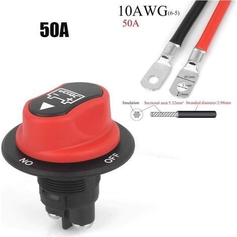 12V 50A 50VDC Max/Min Batterieschalter mit 8AWG 50cm Kabel, Ein-/Ausschalter mit Drehfunktion zur Batterietrennung bei Motorrädern, für Boote, Wohnwagen und Pkw (1/4)