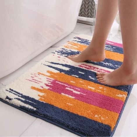 Tapis de Salle Bain Shaggy Bleu Orange Gris Polyester Antidérapant Absorbant Rectangulaire 40 x 60cm (1/2)