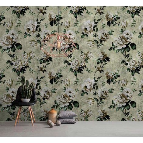 Papier peint panoramique vert, blanc et beige pour bureau Tapisserie panoramique vintage à motif roses Papier peint panoramique fleuri (1/3)