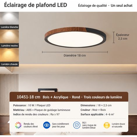 Plafonnier LED 18 cm 10W rétro noir sablé et noyer tri-couleur spectre complet 18cm 10w 10 kg – Livraison gratuite
