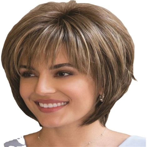 Perruque synthétique courte pour femme, marron, maille respirante confortable + fermoir réglable. (1/5)