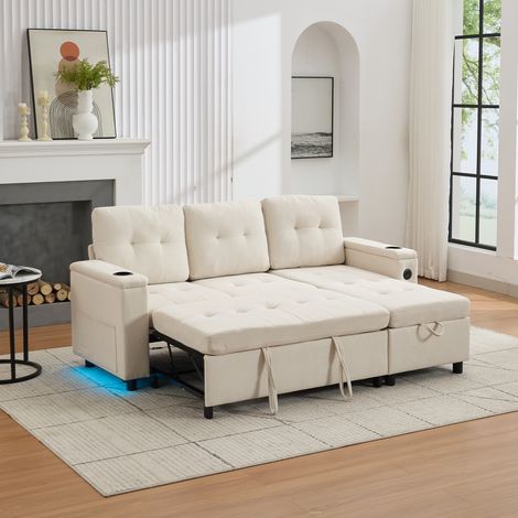 Canapé 208×146×89,5 cm,canapé-lit trois places pliable avec rangement caché et LED ambiante,canapé d’angle Trévise en forme L,beige (1/5)