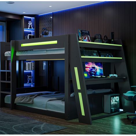 Bett Hochbett Gaming 140x200 cm Holz Schwarz/Grün mit Schreibtisch, 2 Ablagen, USB, LED und Lattenrost
