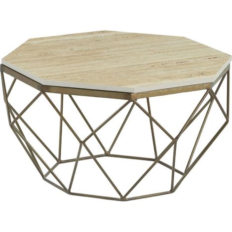 Couchtisch NEXORA 70 cm aus beigem Travertin und Metall mit Messing-Finish im geometrischen Design