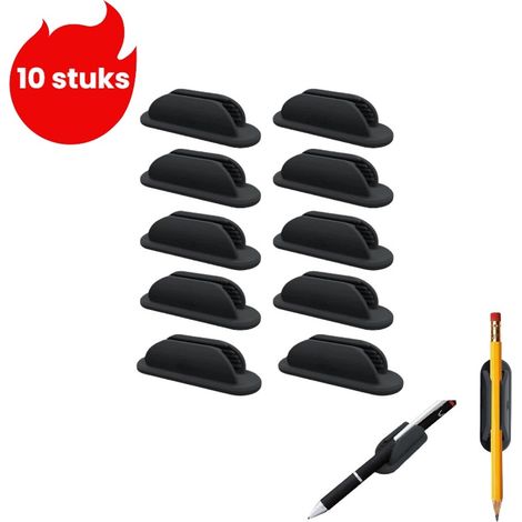 Porte-stylos avec 10 stylos - Clip de fixation autocollant - Fournitures scolaires et pour enseignants - Accessoires de bureau - Noir (1/5)