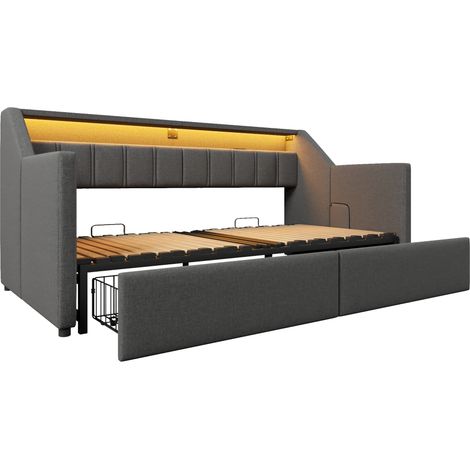 Ausziehbares Tagesbett 90 x 200 cm grau mit USB Typ-C, LED, 2 Schubladen und Stauraum MODENUIT (1/5)