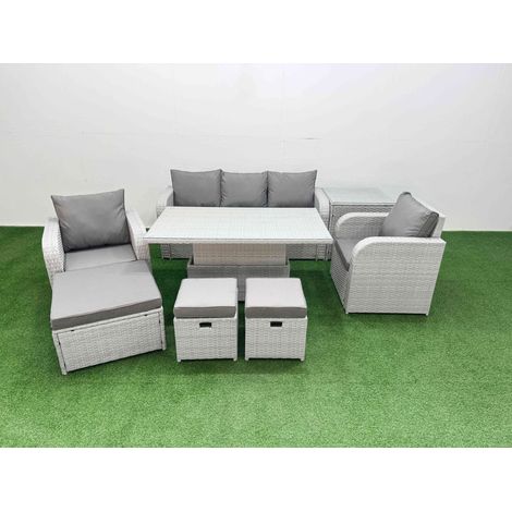Fimous PE Rattan Garden Furniture Set Reclining Chair Sofa Lounge Sofa Set Adjustable Lifting Dining or Coffee Table Side Table 3 Stools Light Grey (1/4)