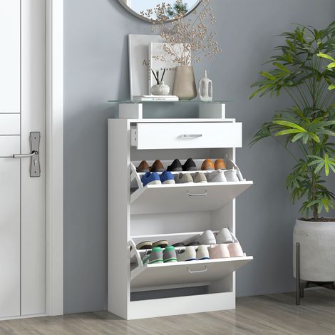 Armoire à Chaussures Meuble rangement Chaussures 2 Portes abattantes 2 Compartiments, tiroir, Plateau en Verre - Bois chêne YaKu Blanc