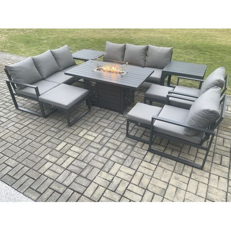 Fimous Aluminium Garden Furniture Outdoor Set Patio Lounge Sofa Gas Fire Pit Dining Table Set with 3 Footstools 2 Side Tables Dark Grey (1/5)