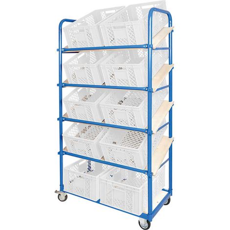BRB Schrägboden-Regalwagen mit 5 Ebenen, bestückt mit 10 Euroboxen durchbrochen 600x400x240 mm weiß