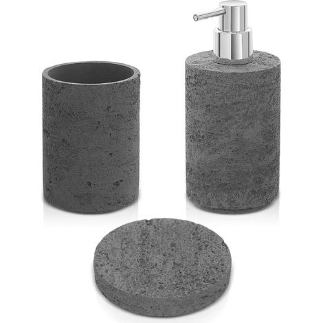 Accessori bagno in set da 3 pezzi grigio in resina effetto pietra Matera (1/5)