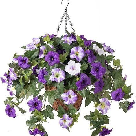 Fleurs de pétunia artificielles (violet et blanc) résistantes aux UV, en soie artificielle, à suspendre au mur pour la décoration de la maison, du jardin, des jardinières extérieures, des mariages et  (1/4)