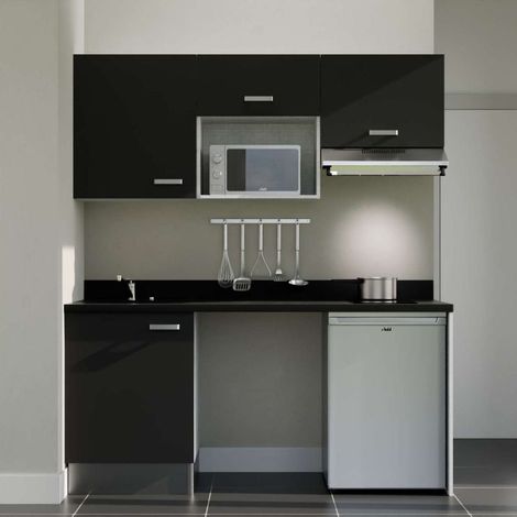 Kitchenette 180 cmK55 Noir - Plan monobloc évier à gauche coloris Nero - plaque de cuisson, frigo, hotte et micro-ondes Inox inclus (1/5)