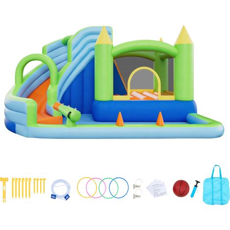 Mophorn Aufblasbare Wasserhüpfburg (344 x 374 x 213 cm), Spielburg mit Rutsche, Hüpfbereich, Basketballkorb, Planschbecken und Wasserspiel, geeignet für 3–4 Kinder im Alter von 3 bis 8 Jahren (1/5)