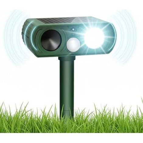 Repulsif Chat Exterieur Solaire, IPX5 Ultrason, Effaroucheur Anti Exterieur, Répulsif Extérieur Repousse Les Renards, ratons laveurs, Lapins pour jardin cour pelouse patio Vert Olive -