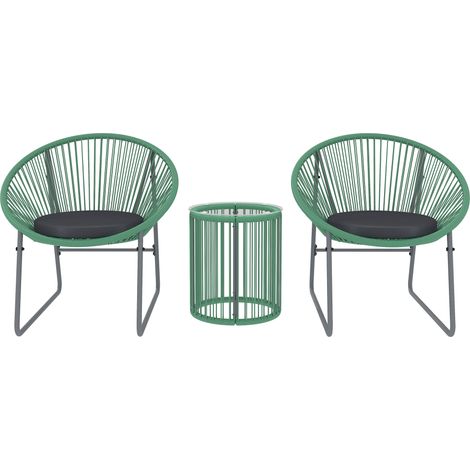 3-teiliges Outdoor-Möbelset, 1 Tisch, 2 Stühle, Glastischplatte, Kunststoff-Rattan um Stahlrahmen, weiche Kissen, Grün