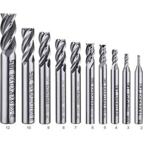 Lot de 10 forets à 4 cannelures - de 2 à 12 mm Fraise en Bout- Ensemble de forets à tige droite HSS CNC pour perceuse - Ensemble d'outils pour bois, aluminium, acier et titane (1/2)