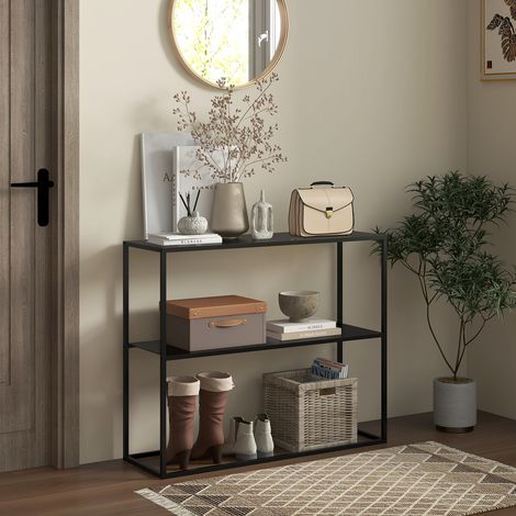 Regal-Konsole aus Stahl in Schwarz 90 x 30 x 75 cm, 2 offene Ablagen, mit Kippschutz