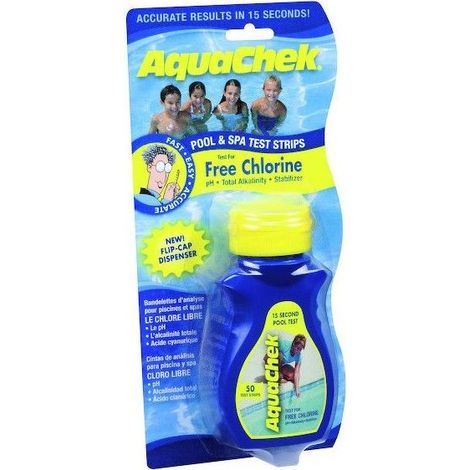 Bandelettes Aquachek analyse eau chlorée – Test 4 en 1 : Chlore, pH, Alcalinité, Acide Cyanurique – Pour piscine et spa – Aquacheck