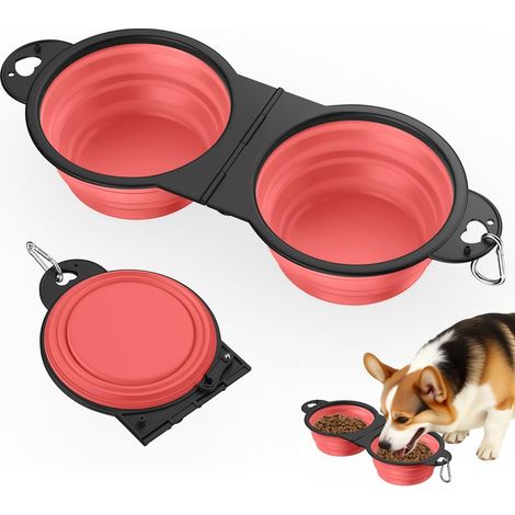 Faltbarer 2-in-1-Hundenacken, Futter- und Wassernapf für Welpen, aus spielfreiem Silikon, 180° faltbar mit Metallhaken, 450 ml, hellrosa (1/5)
