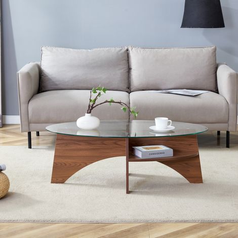 Ovaler Couchtisch aus Sicherheitsglas 104,9 x 60 cm mit Ablage in Nussbaumoptik (1/5)