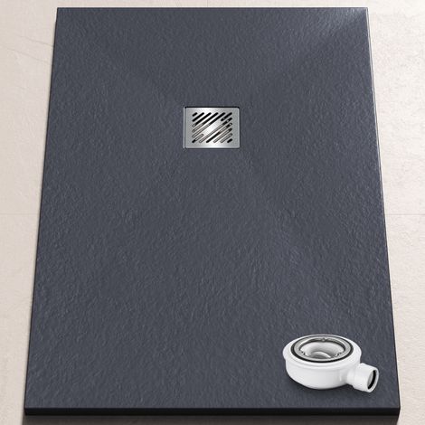 doporro Duschwanne Duschtasse 90x120x3cm aus Mineralguss in Anthrazit Rechteckig DIN-Anschlüsse für bodenebene Montage geeignet inkl. Ablaufgarnitur AL006 Geoma 09
