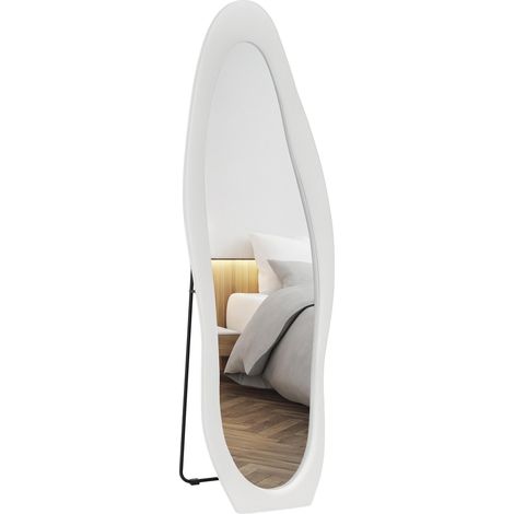 Miroir pleine longueur avec cadre ondulé en velours, miroir de sol et mural, 160x50 cm, blanc