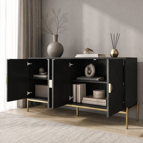 Buffet 162 x 40 x 80 cm 4 portes, noir, en MDF et panneau de particules HAVRYA (1/5)