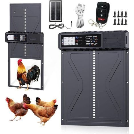 Automatische, solarbetriebene Hühnerstalltür, batteriebetrieben mit programmierbarem LCD-Bildschirm, wasserdicht, automatische Aluminium-Hühnerstalltür mit Timer, automatischer Hühnerstalltür, Türöffn (1/5)