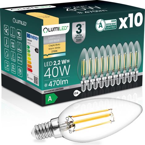 10x LED-Lampe E14 Kerzenfassung B35 2,2 W 470 lm = 40 W 2700 K warmweiß 360°-Glühfaden, Lichtklasse A