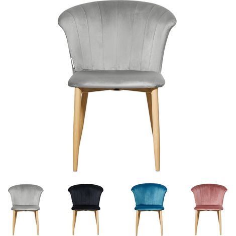 Silla de comedor individual Elsa de terciopelo - Silla de comedor moderna tapizada con patas de madera - Gris (1/5)