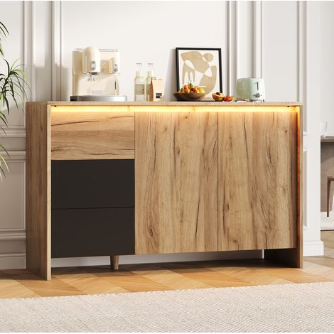 Credenza in truciolare natural e nero con 2 ante, 3 cassetti, LED multicolore e divisorio interno regolabile (1/5)