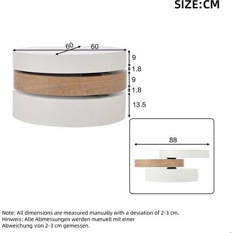 Table basse avec rangement plateau supérieur pivotant à 360° conception à trois niveaux trois compartiments charge recommandée 30 kg (1/5)