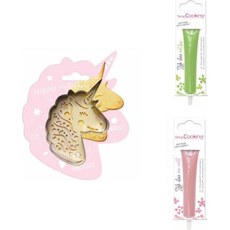 Kit pour biscuit en relief Licorne + 2 Stylos au chocolat vert clair et rose pastel