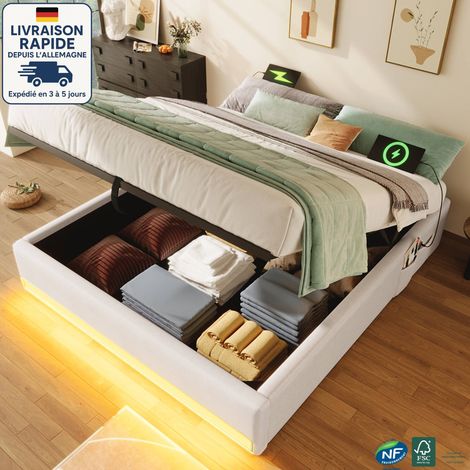 Cama con canapé 140x200cm - Cama doble tapizada 140x200cm - Lino - Tira de luces LED con mando a distancia, puertos USB y Tipo C, con pequeña bolsa de almacenaje - Madera con certificación PEFC - Beig (1/5)