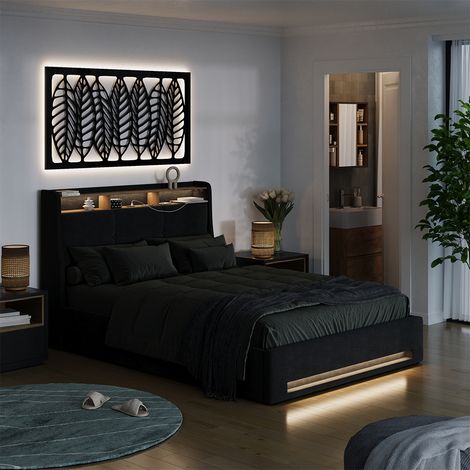 Cama tapizada Christin, Antracita/roble, con LED y conexión USB, Vitalispa (1/5)