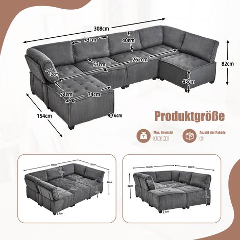 Canapé d'angle modulable 6 places en velours gris, ergonomique, avec espaces de stockage, convertible en U/L ou banquette-lit, robuste ossature bois et métal, assemblage simple