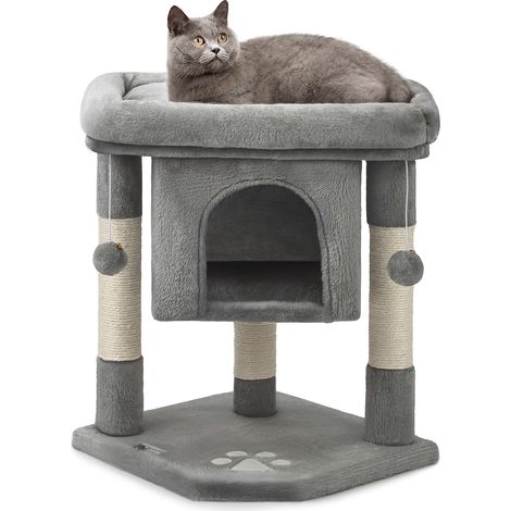lionto Kratzbaum für Katzen 60 cm, mit Kuschelhöhle, Plüschbällen & robusten Sisalstämmen, platzsparend & modern, dunkelgrau