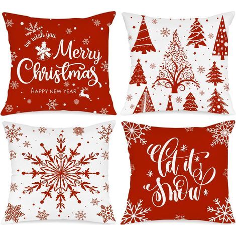 Lot de 4 père Housse de Coussin Noel 45x45 cm, Taie d'oreiller Joyeux Xmas Flocons de Neige d'hiver Parure de Oreiller de Décoration de Lit Noel Deco pour Chambres Canapé Noël Decoration(Rouge) (1/5)