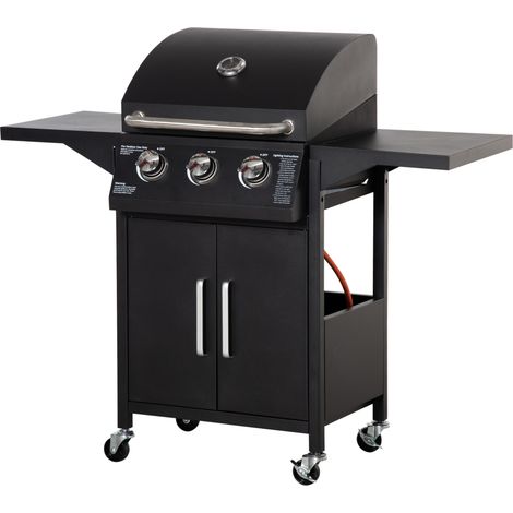 3 Burner Gas BBQ Grill 8.7 kW Outdoor Portable Barbecue Trolley w Warming Rack, Side Shelves, Cabinet, Black (1/5)